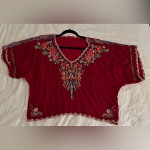 Johnny Was Embroidered Floral Deep Red Women’s Boho Top